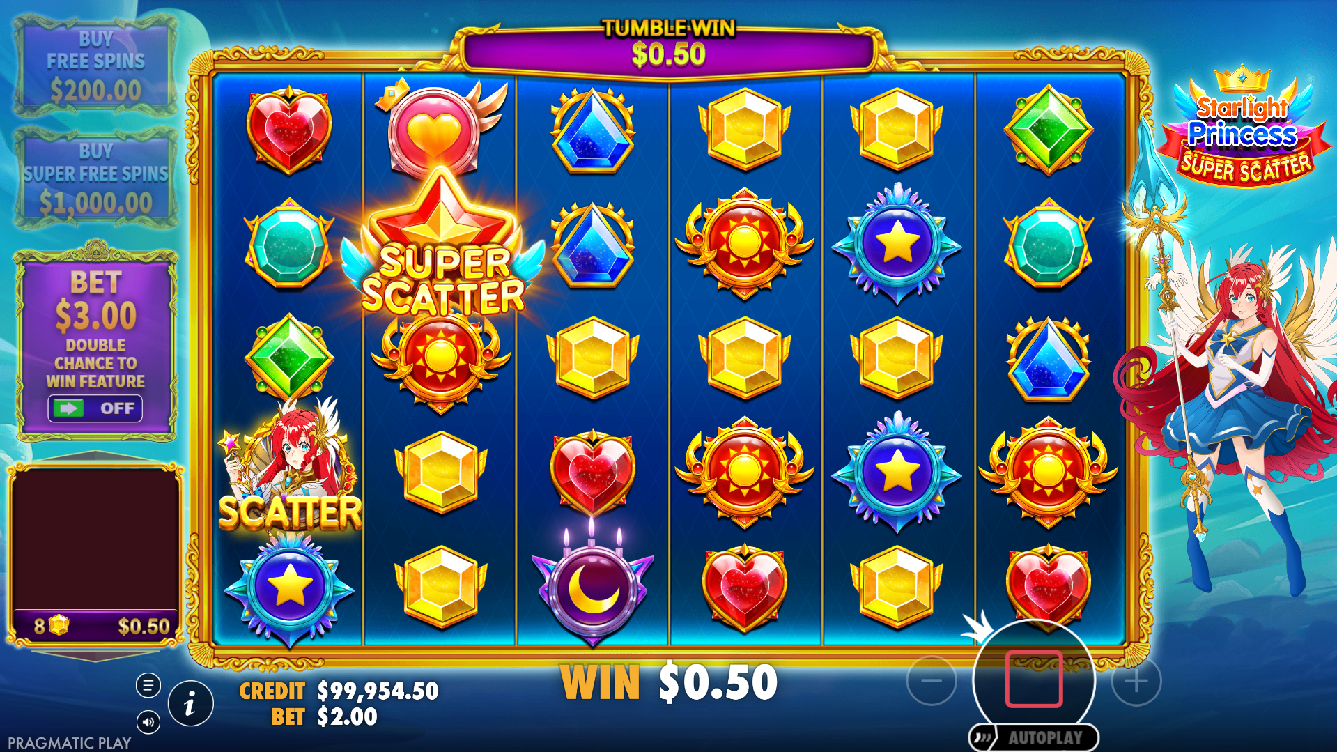 Trigger the Free Spins Bonus Round with One or More Super Scatter Symbols for Additional Rewards of Between 100x to 50,000x Bet