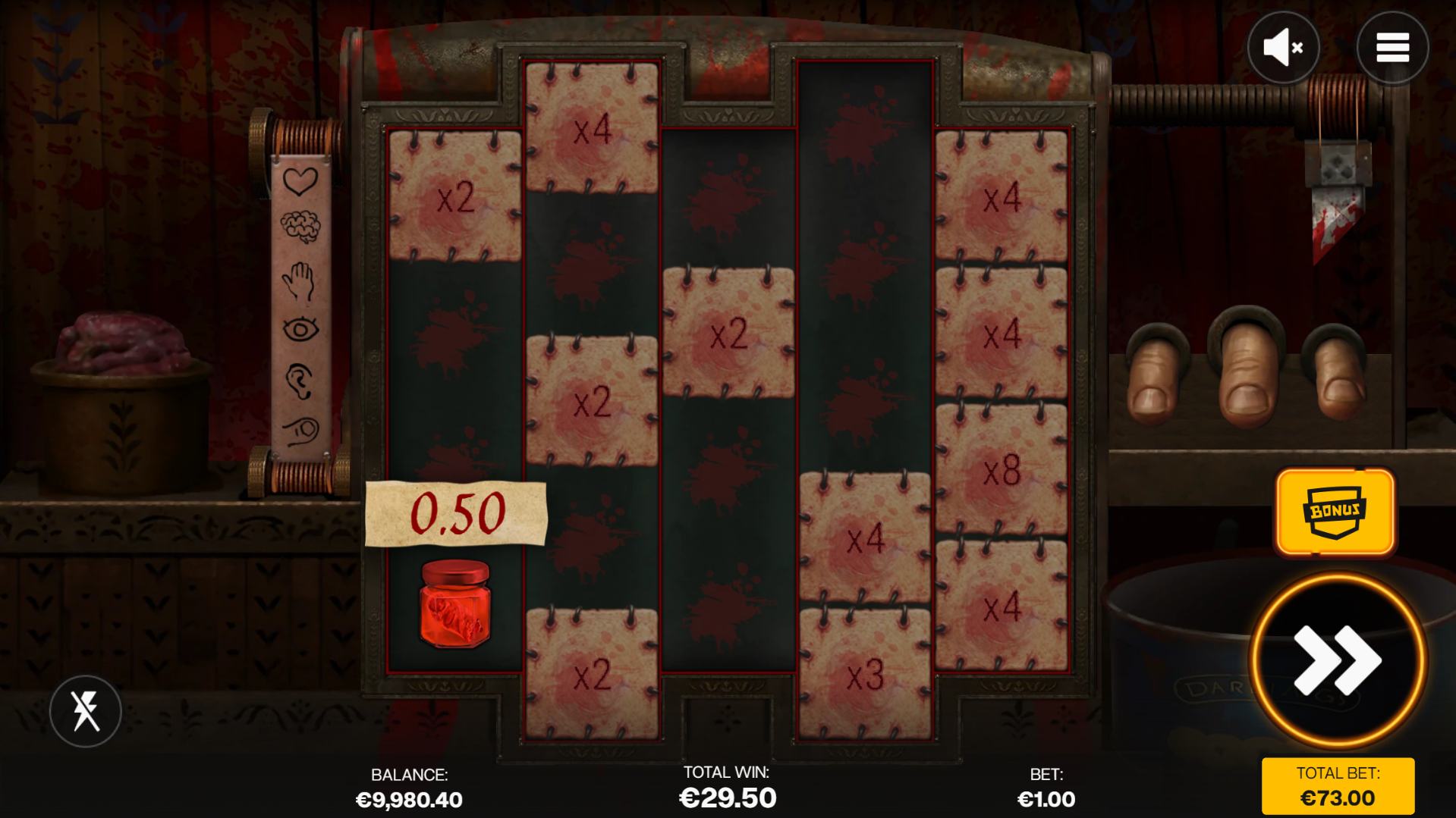 Throughout the Bonus Round, Land Body Part Symbols and Special Symbols to Upgrade Positional Multipliers