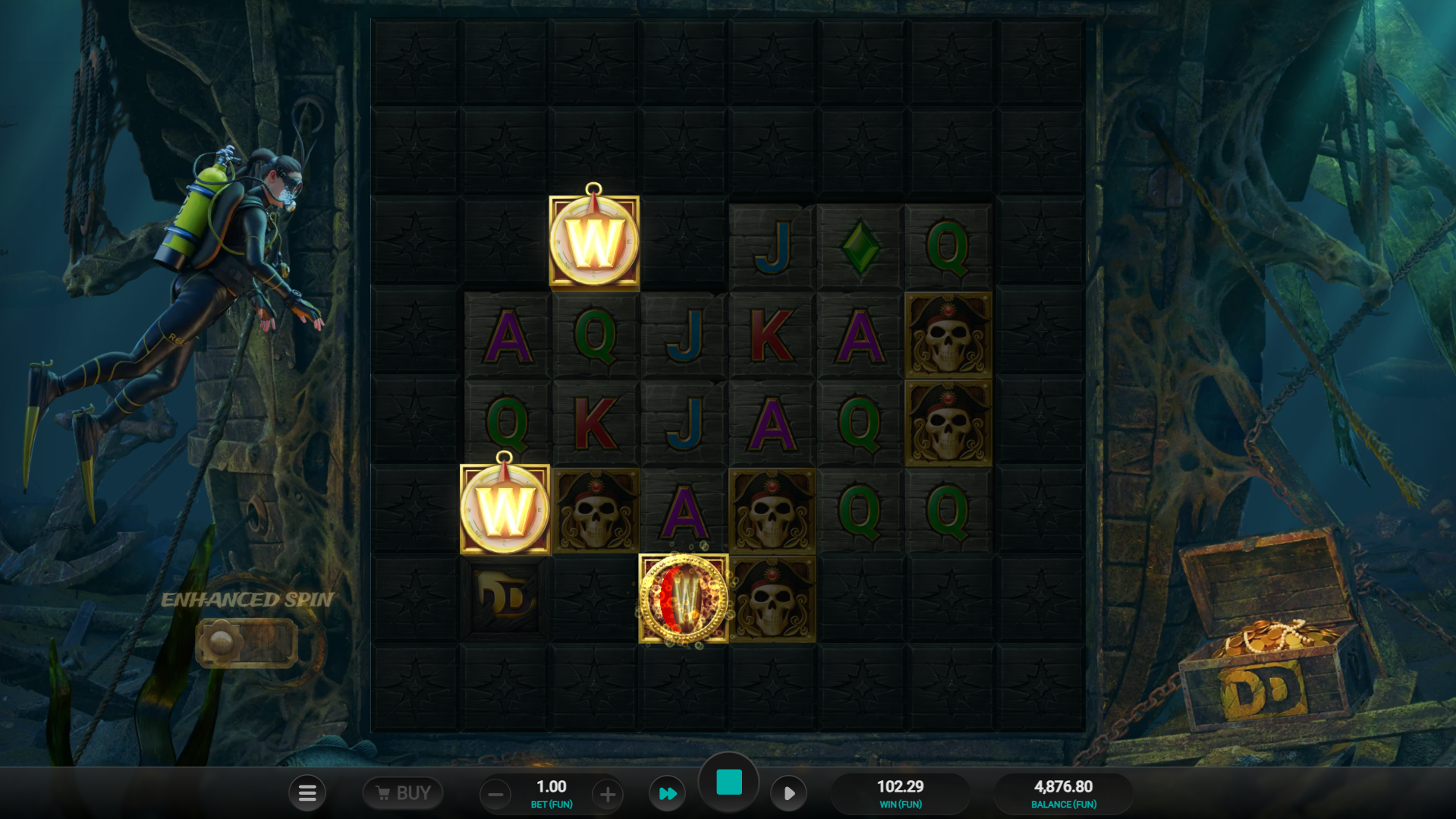 Clear all Blocker Symbols or Land 3 Bonus Scatters to Trigger the Galleon Bonus Round