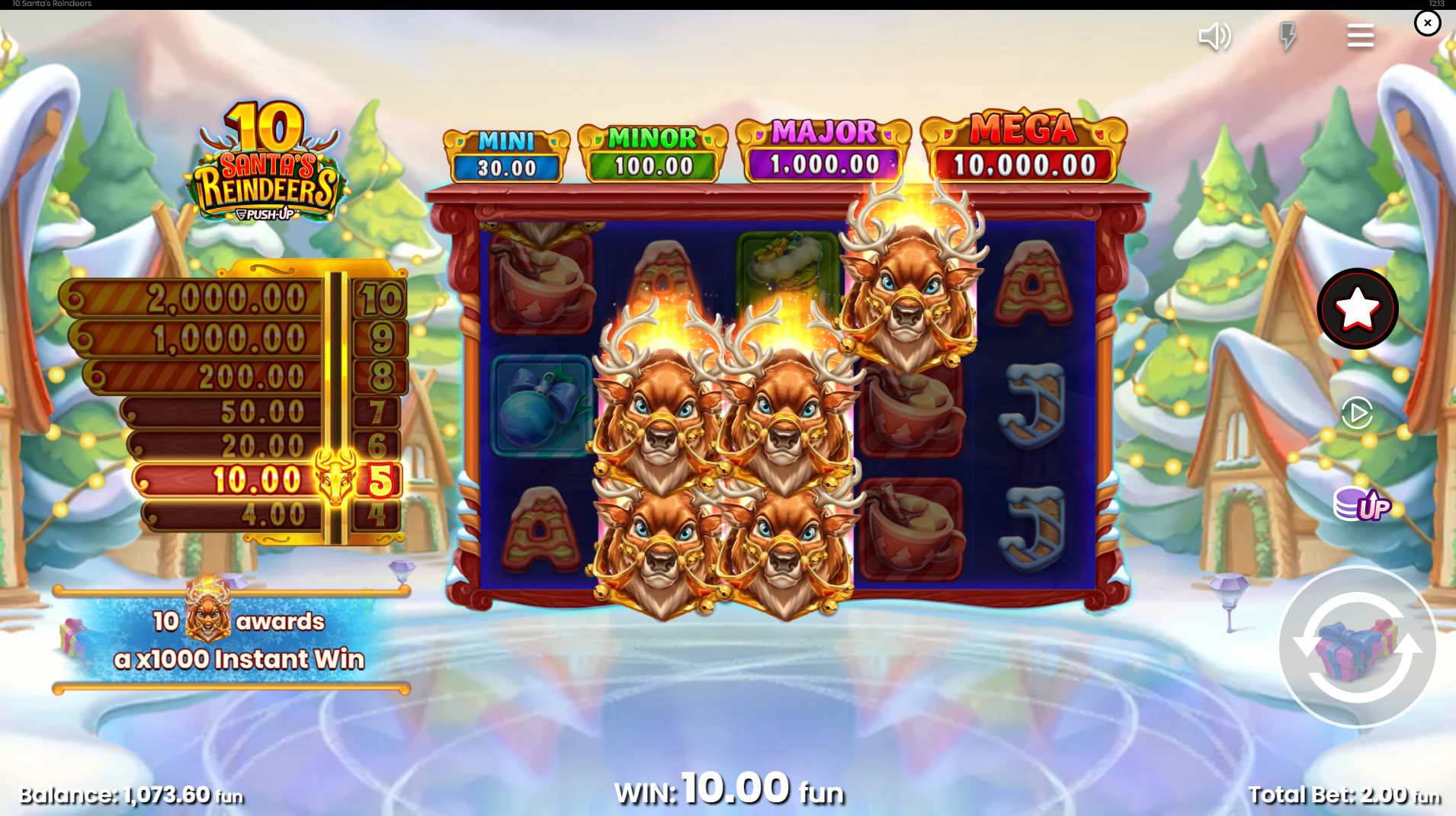 Land 4 or More Reindeer Symbols to Win Instant Prize Rewards up to 1,000x Bet