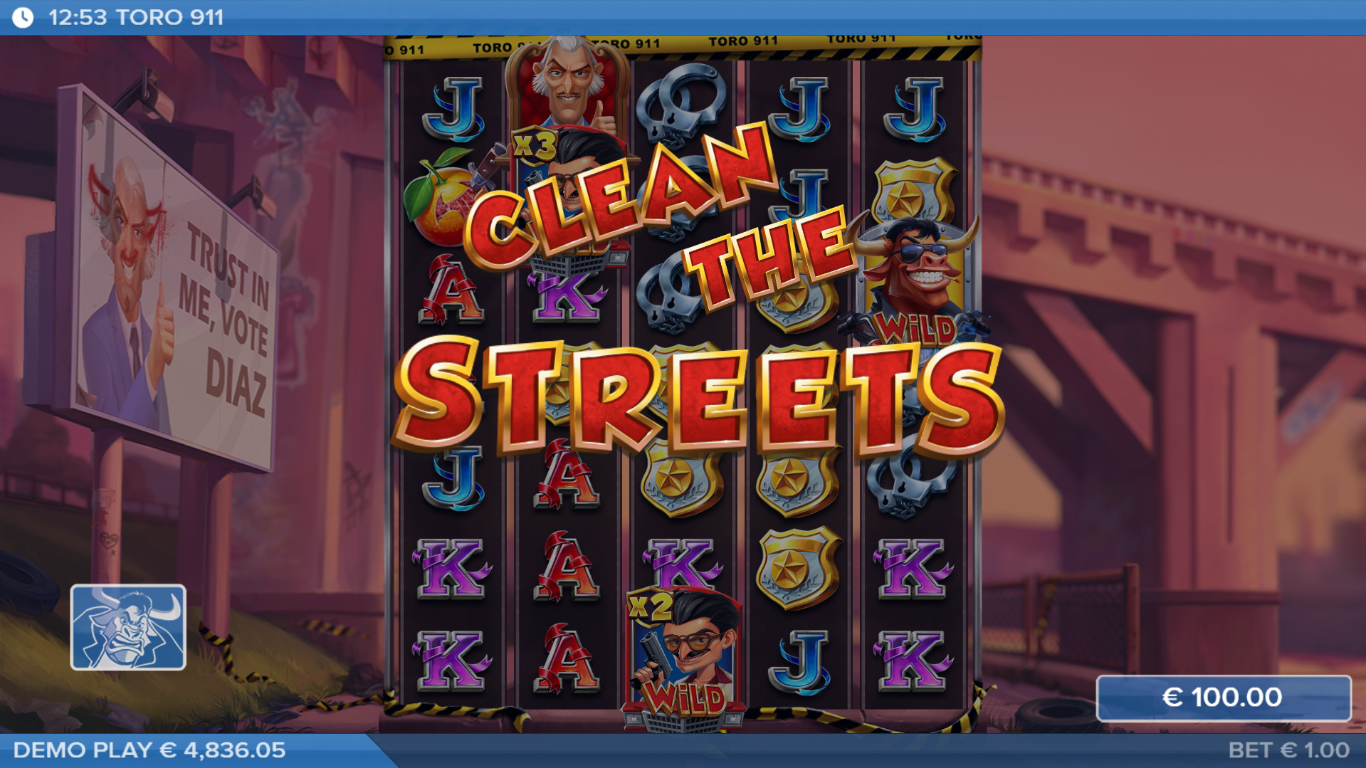 Trigger "Clean the Streets" by Landing Diaz Alongside an Active toro Symbol