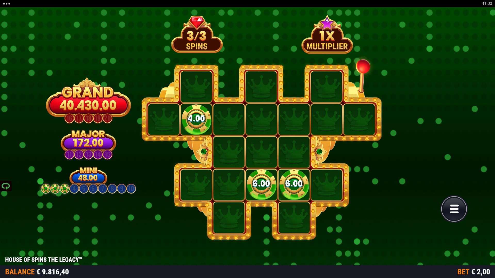 During the Bonus Game, only House Chips Corresponding to the Triggering Cup can Land on the Reels