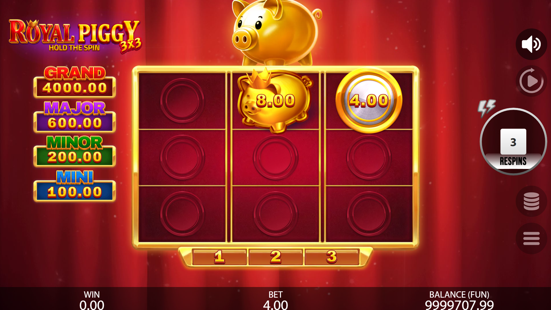 During Free Spins, Royal Piggy Symbols Collect Coin and Jackpot Coin Values, Resetting the Spin Counter Back to 3