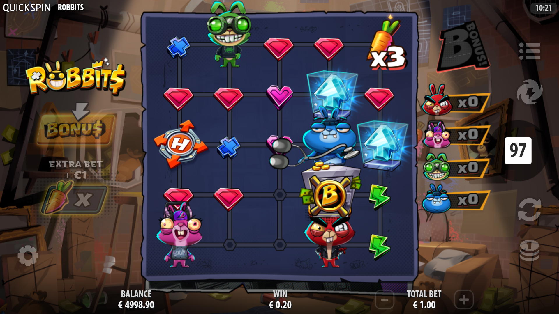 Rabbits Move Around the Game Grid by Collecting Adjacent Symbols of the Corresponding Colour, as Well as Special Symbols from Upgrades to Power-Ups