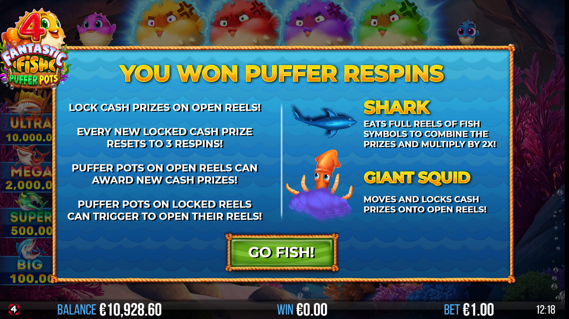 Trigger the Puffer Respins Bonus with 3 or More Puffer Pots, with Each Pot Unlocking an Active Reel During the Round