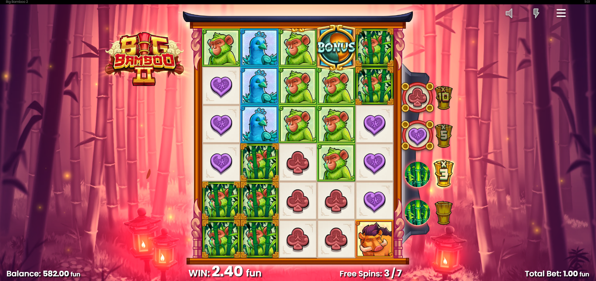 Trigger the Free Spins Bonus Game and Convert Low-Paying Symbols to Mystery Bamboo Symbols, with Additional Multipliers Achievable