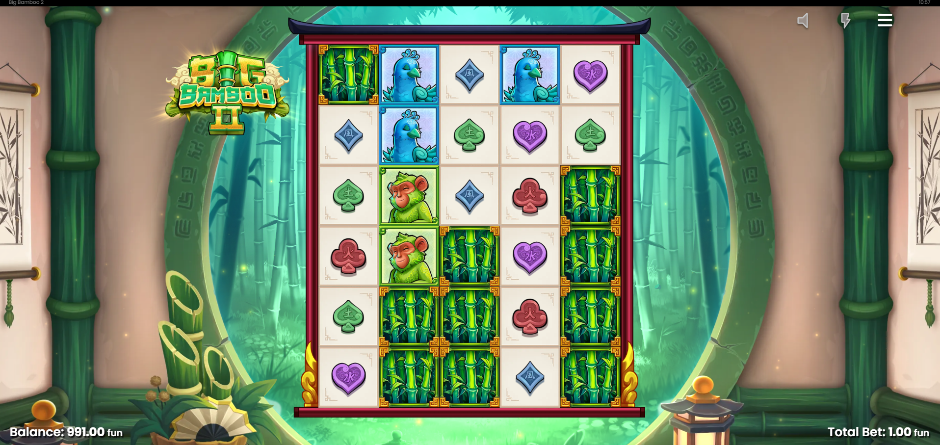 Land Mystery Bamboo Symbols to Reveal Matching Pay Symbols, Wilds or Golden Bamboo Symbols