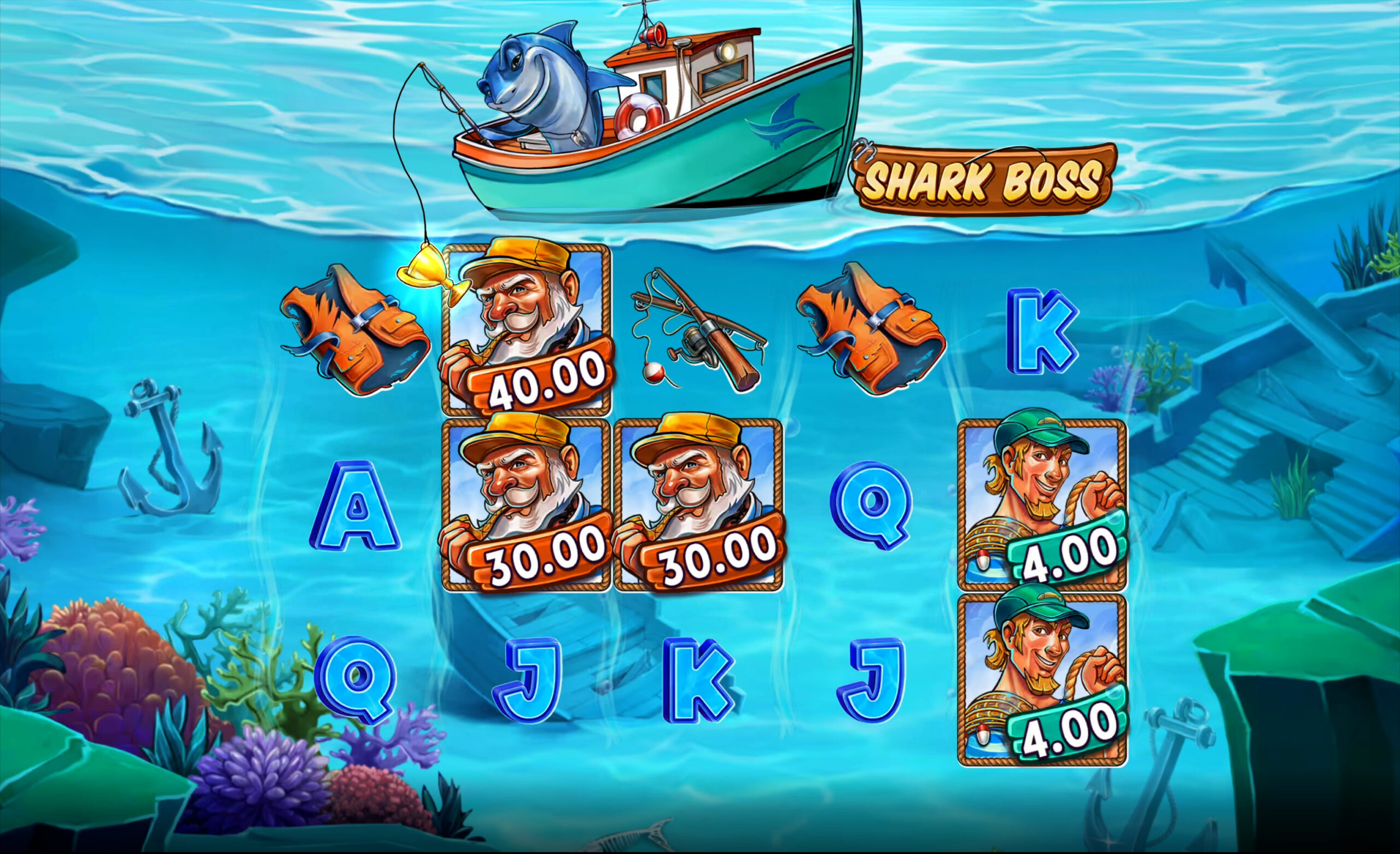 When the Shark Boss Dangles hi Line, Fishermen Symbols are Caught, Awarding Random Instant Prizes