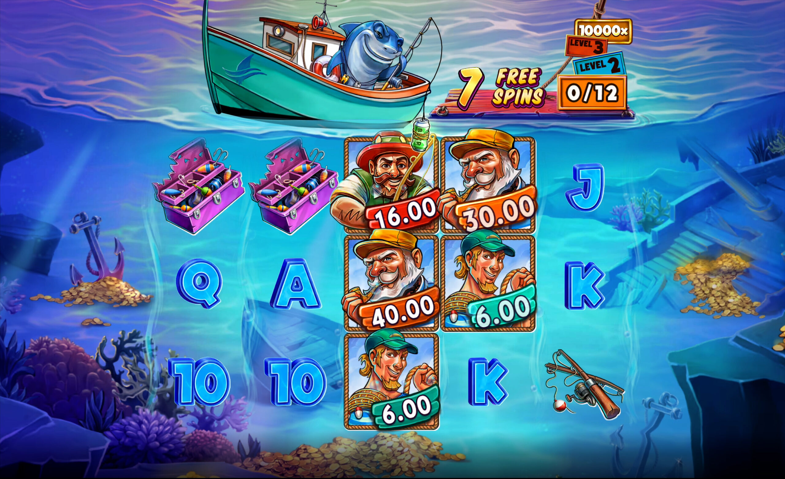During Free Spins, Fishermen are Collected into the Meter to Unlock up to 3 Enhanced Levels of Progress