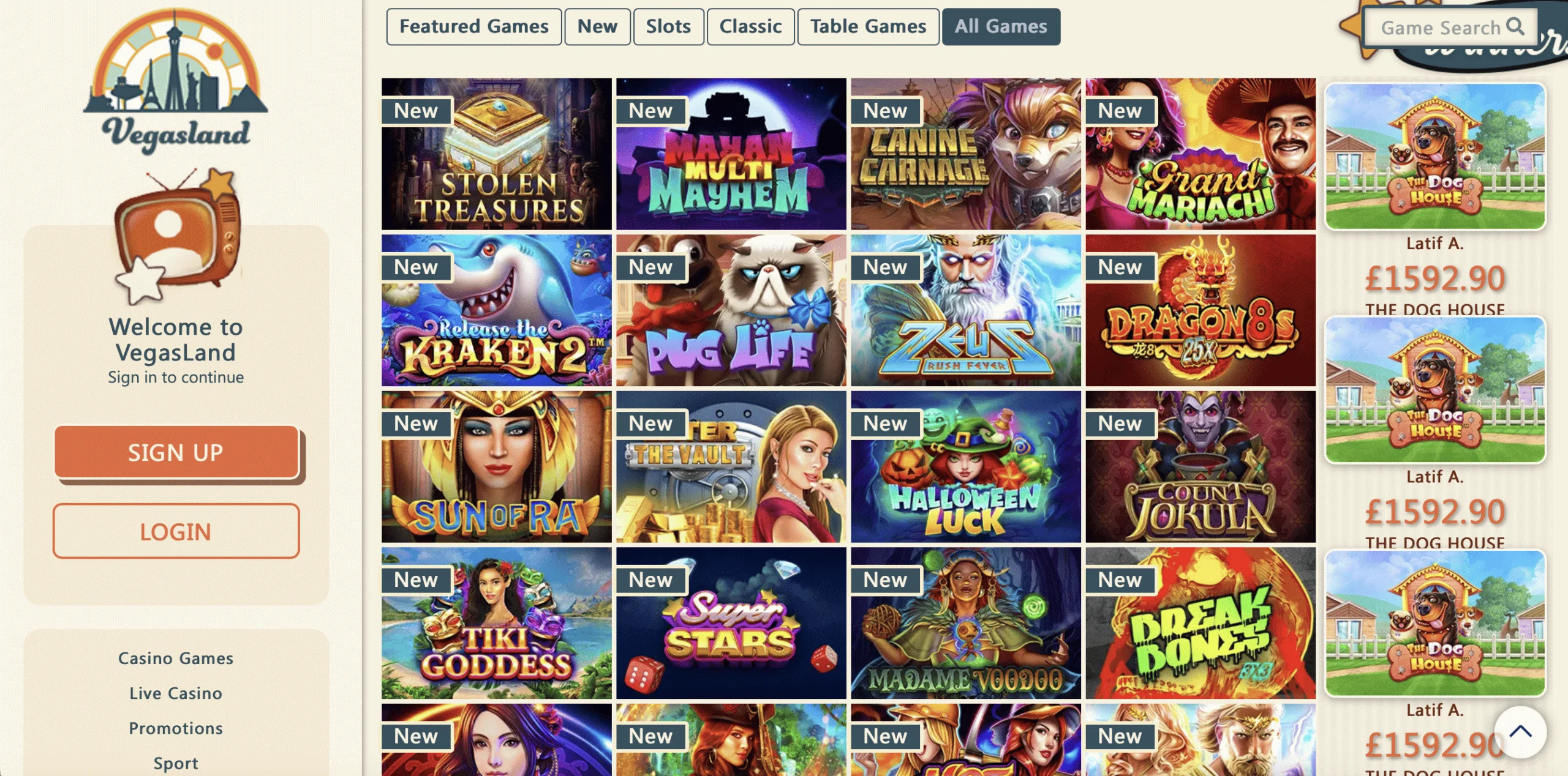 VegasLand Game Selection