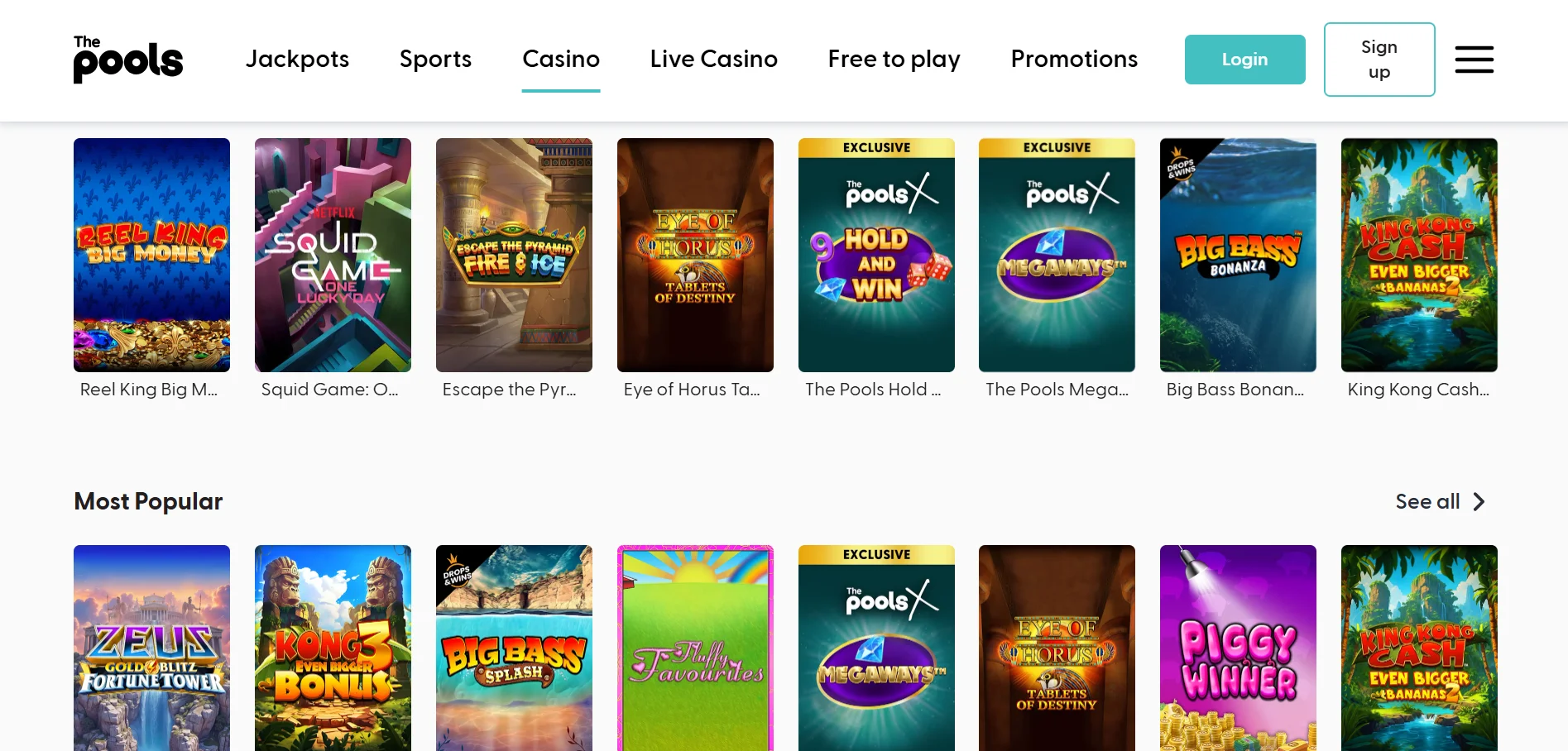 The pools casino game selection