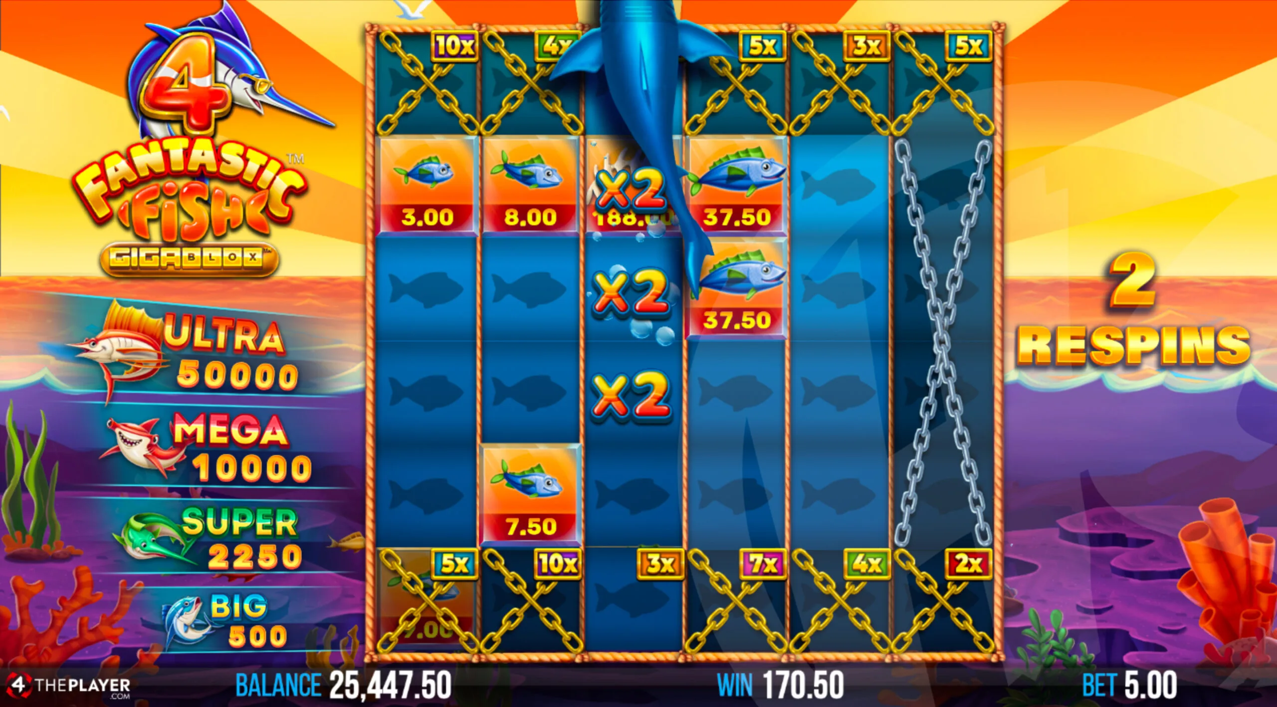Fill Reels With Fish Symbols to Combine Values and Multiply by 2x with the Shark Feature