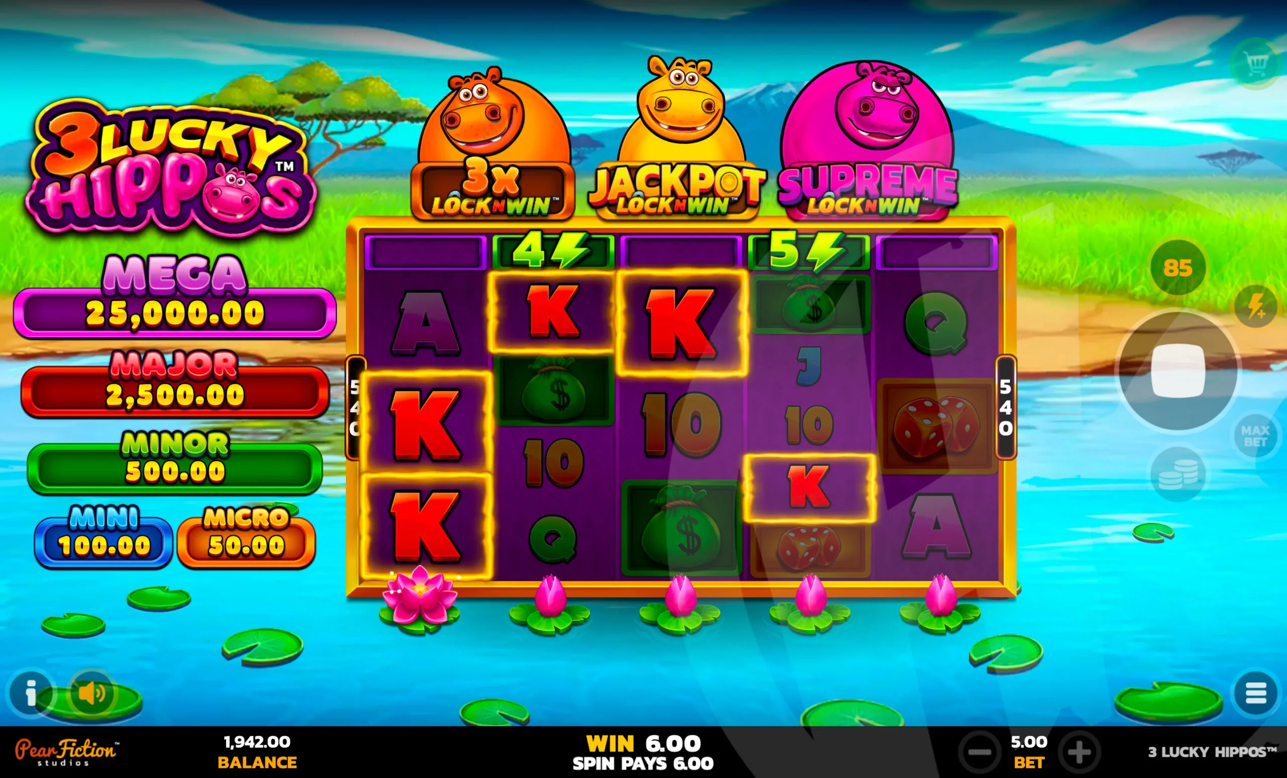 3 Lucky Hippos Offers Players Between 243 and 7,776 Ways to Win