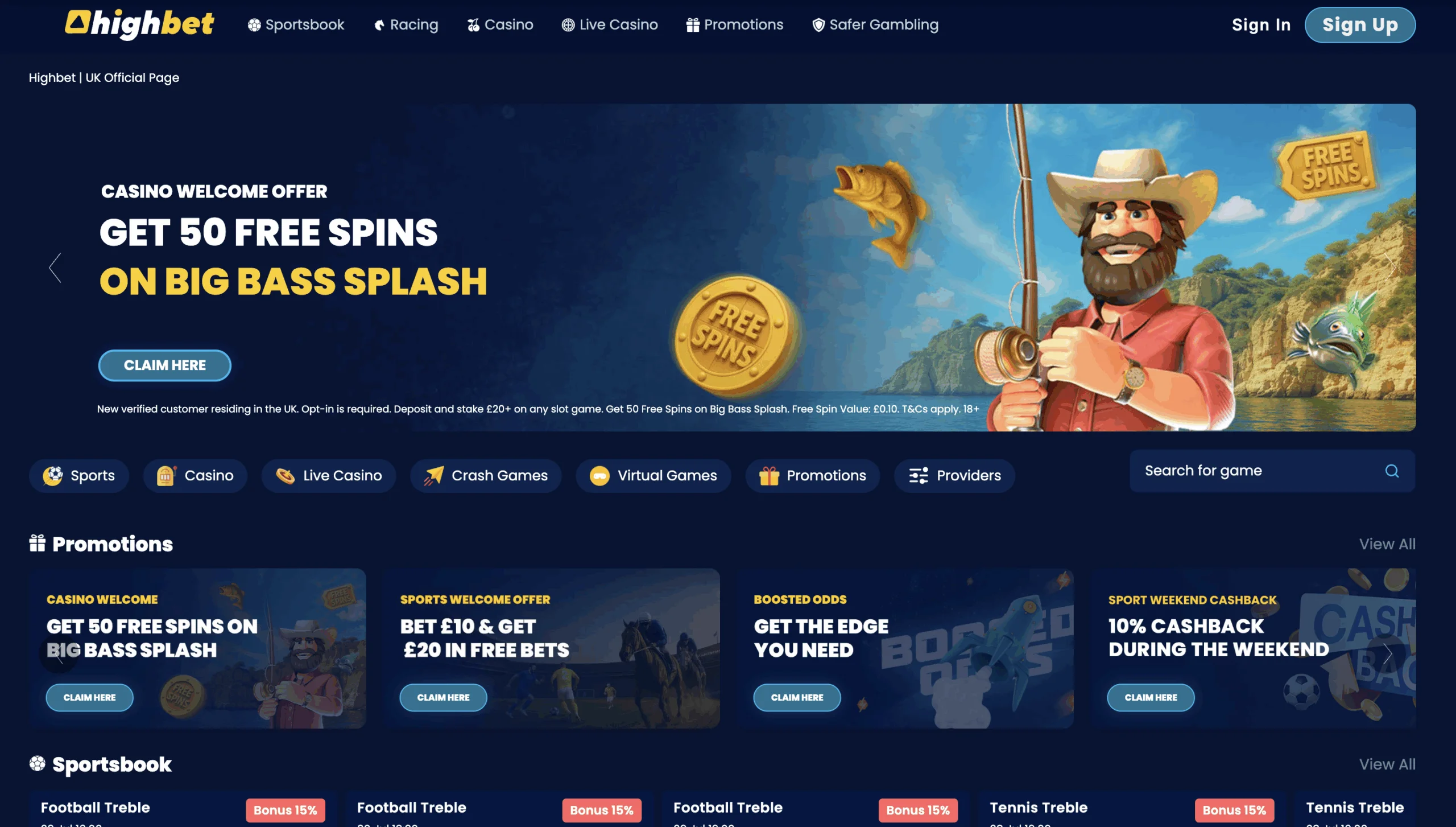 Highbet has a sleek navy design