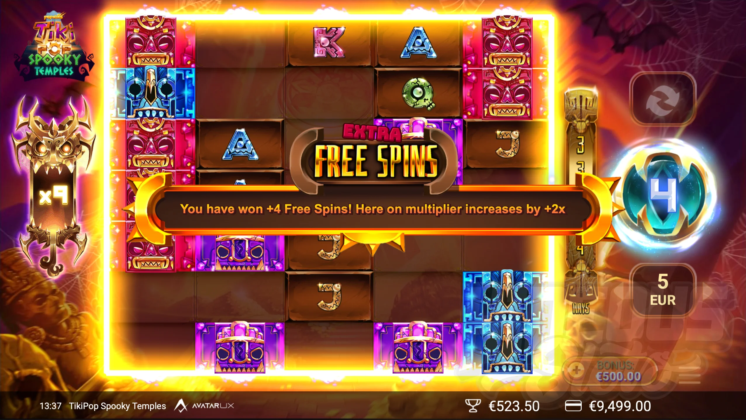 Increasing all Reels to 7 Symbols High During Free Spins Will Award Additional Spins and Increase the Multiplier on Subsequent Wins by +2