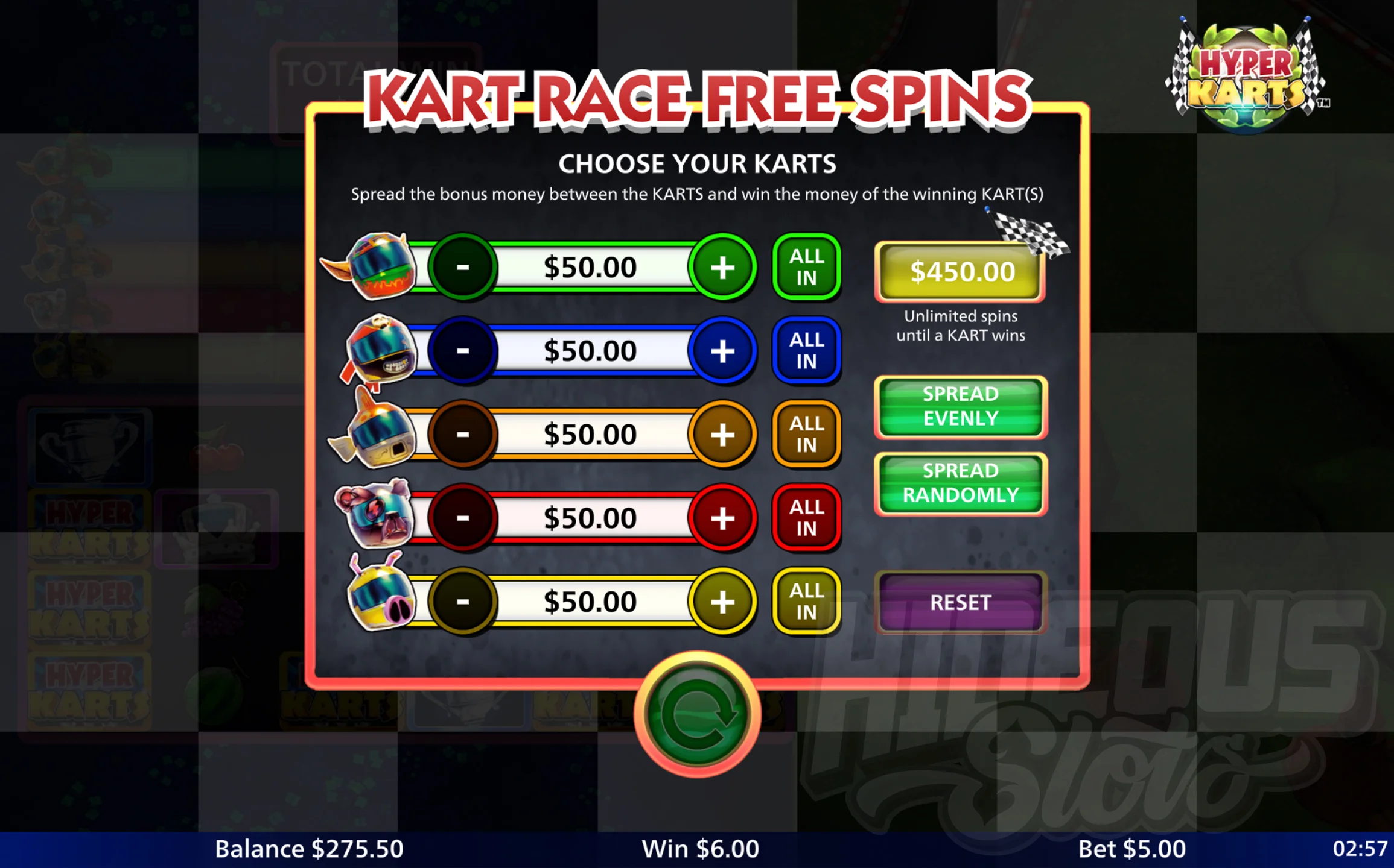 Hyper Karts Kart Race Free Spins Wager Selection