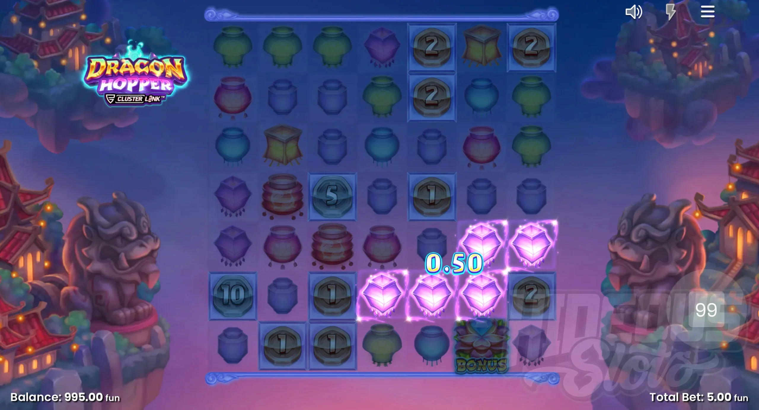 Land Clusters of 5 or More Matching Symbols Touching Horizontally or Vertically to Form Winning Combinations