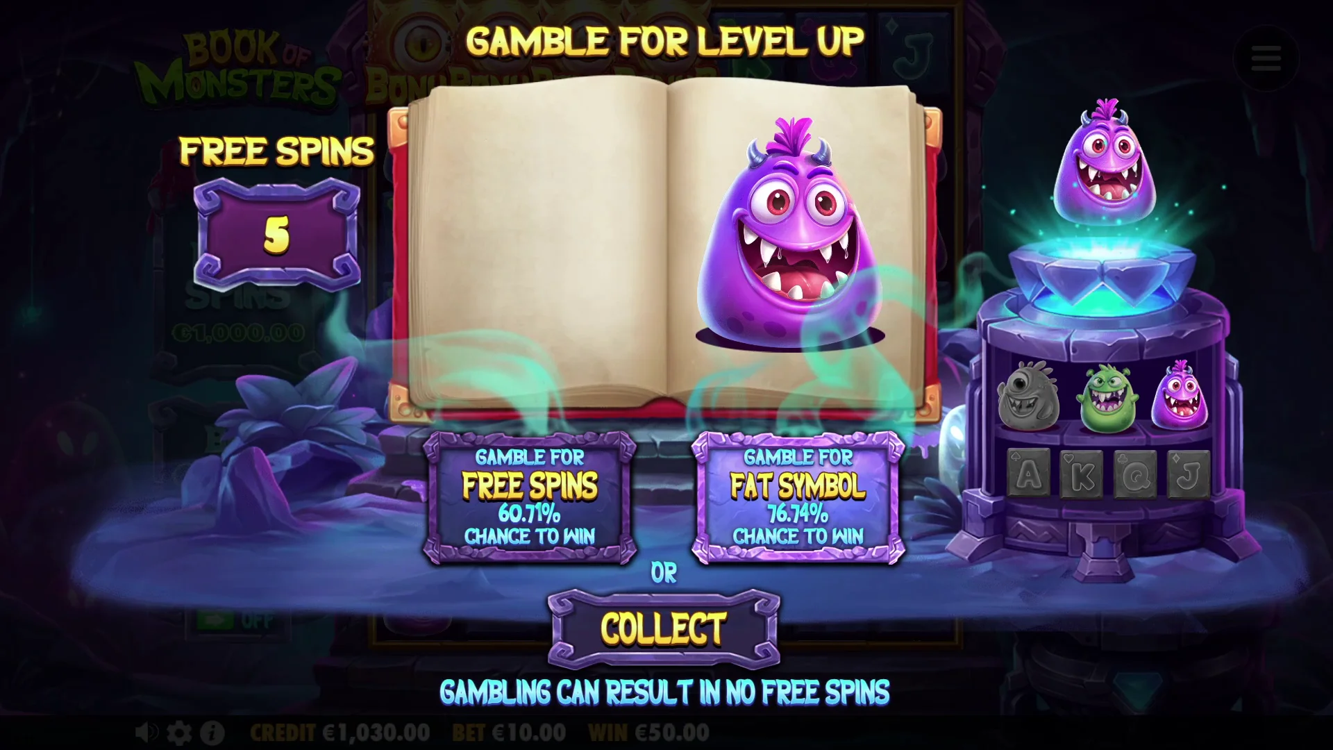 A gamble feature allows players to enhance starting spins or the FAT symbol before entering bonus play