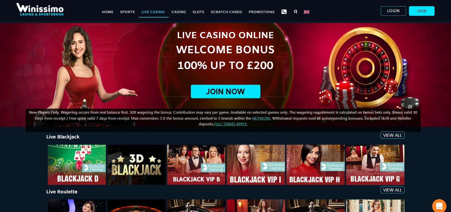 Winissimo Live Casino Page