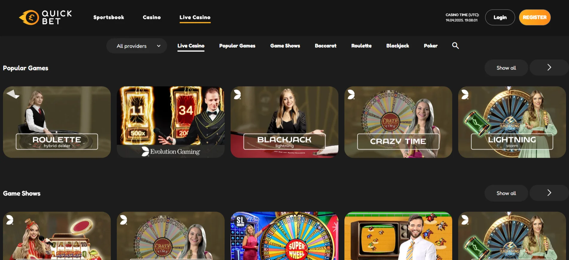 Quickbet Live Casino Selection