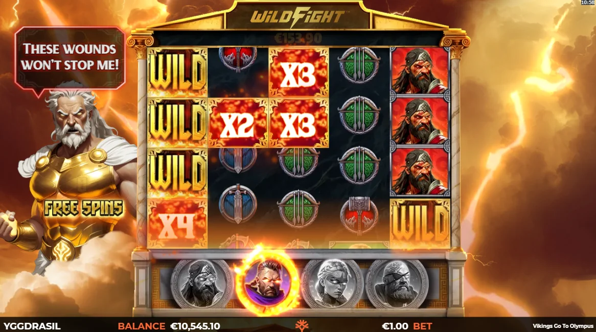 During Free Spins, Wild Fights occur each spin that lands a Viking symbol with Bezerk Vikings guaranteeing a win