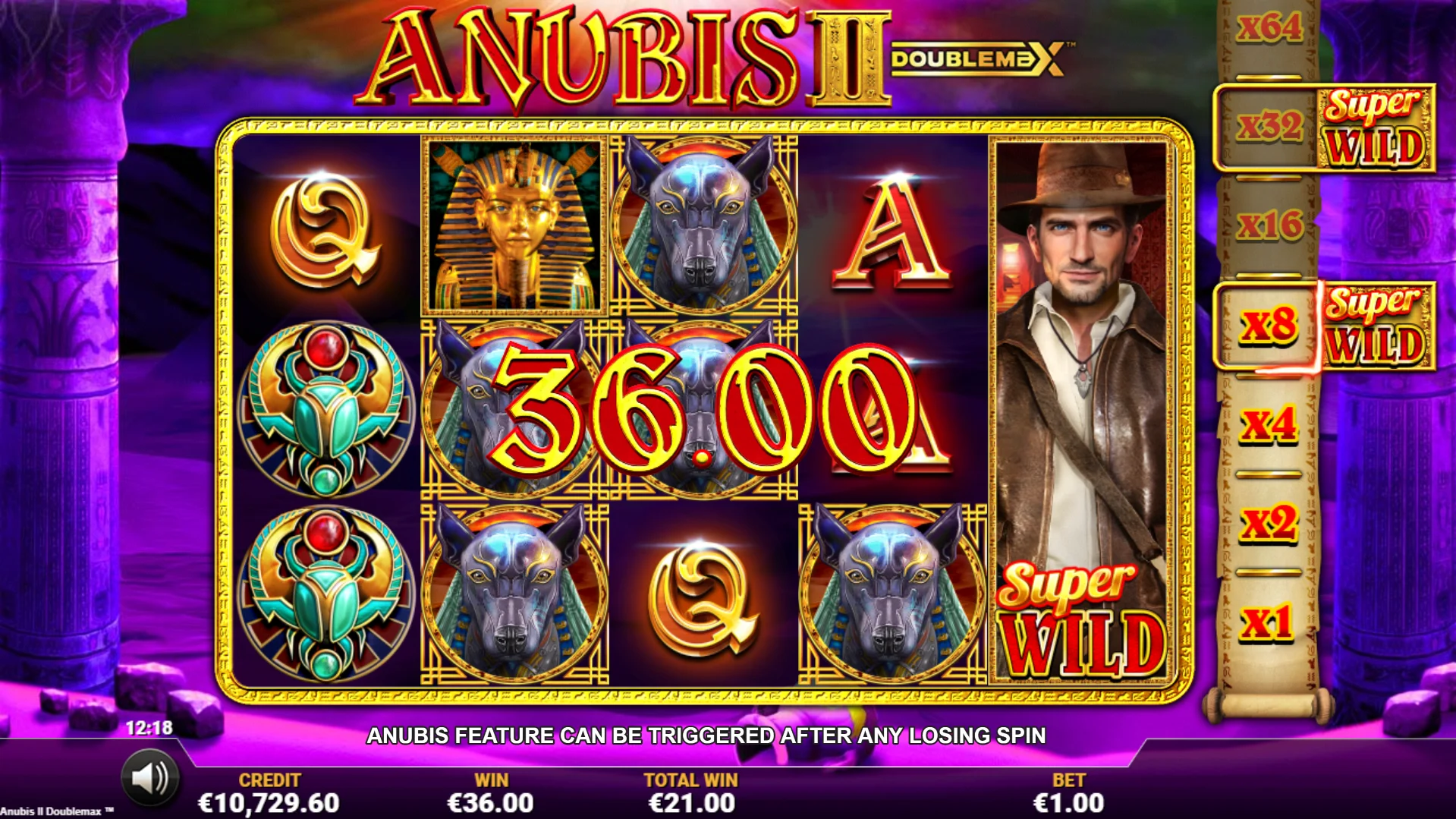Each winning combination during the Anubis feature doubles the win multiplier