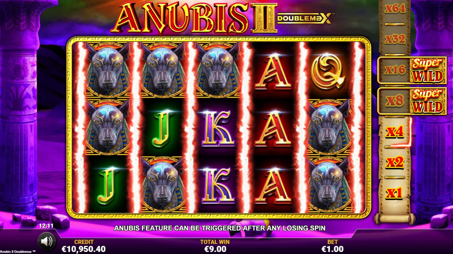 Any non-winning spin can trigger the Anubis feature which sees reels shuffled and the DoubleMax multiplier ladder activated