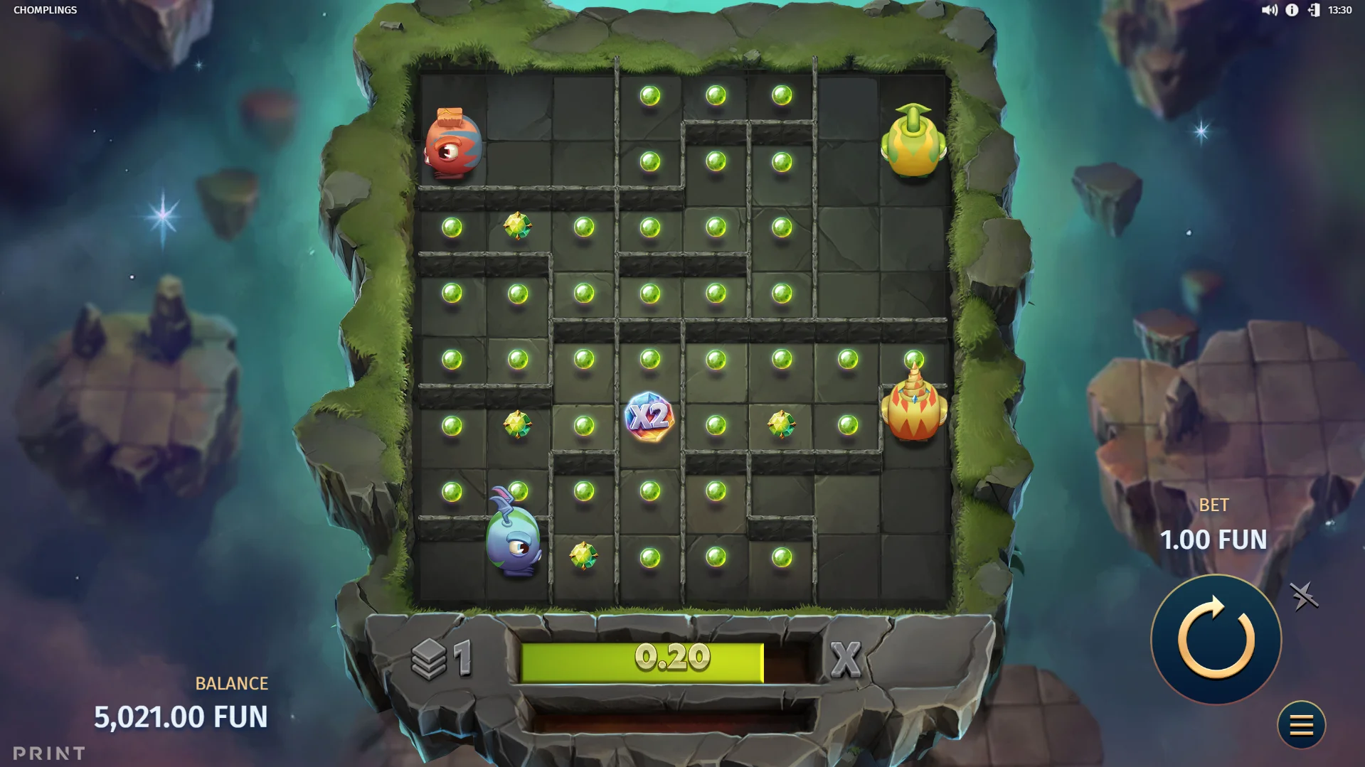 Each Chompling takes it in turns to engulf its zonal gems to fill the win bar