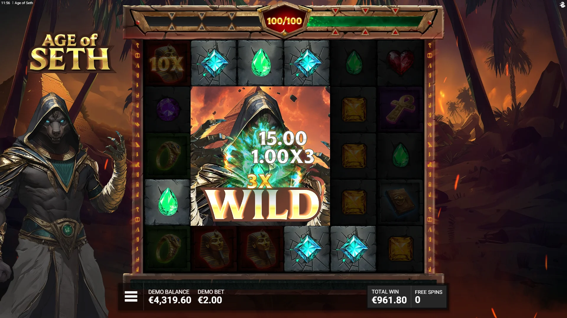 Collect 100 symbols during the Free Spin to trigger the Seth Big Wild feature