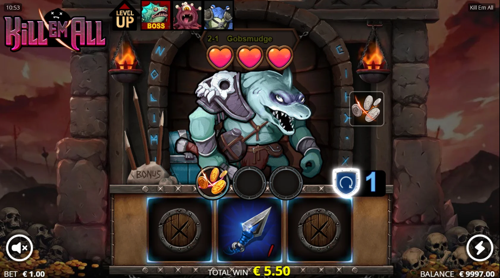 Land Weapon symbols to deal damage to enemies and activate Respins