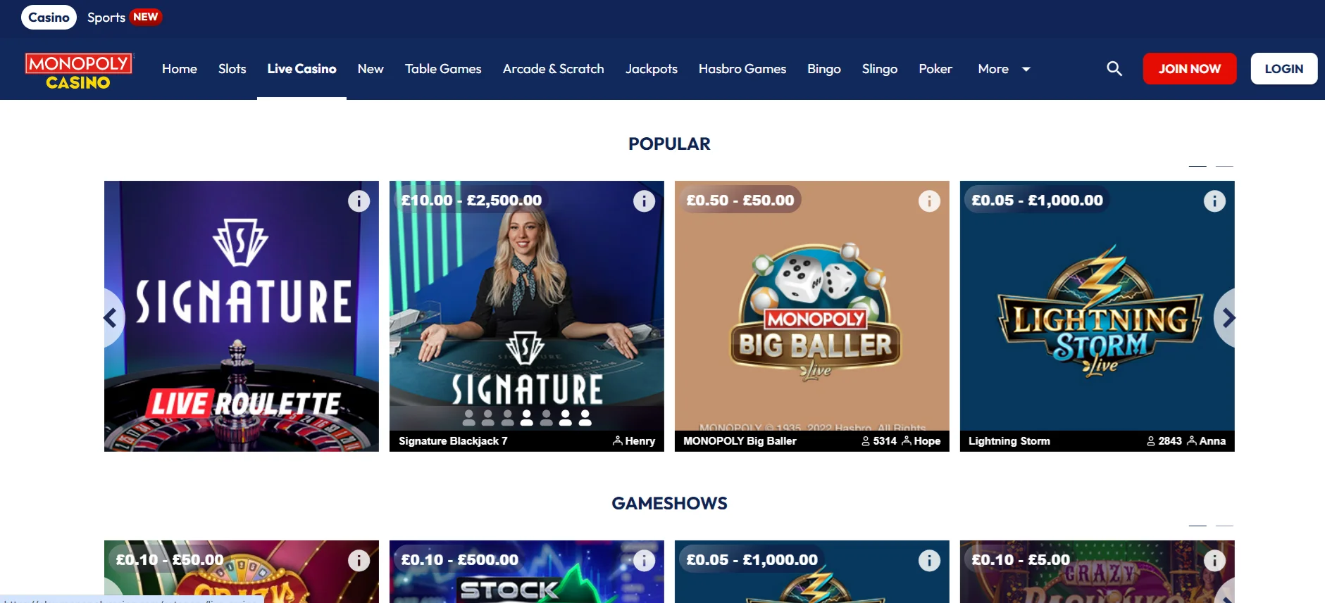 Monopoly Casino Live Casino Page