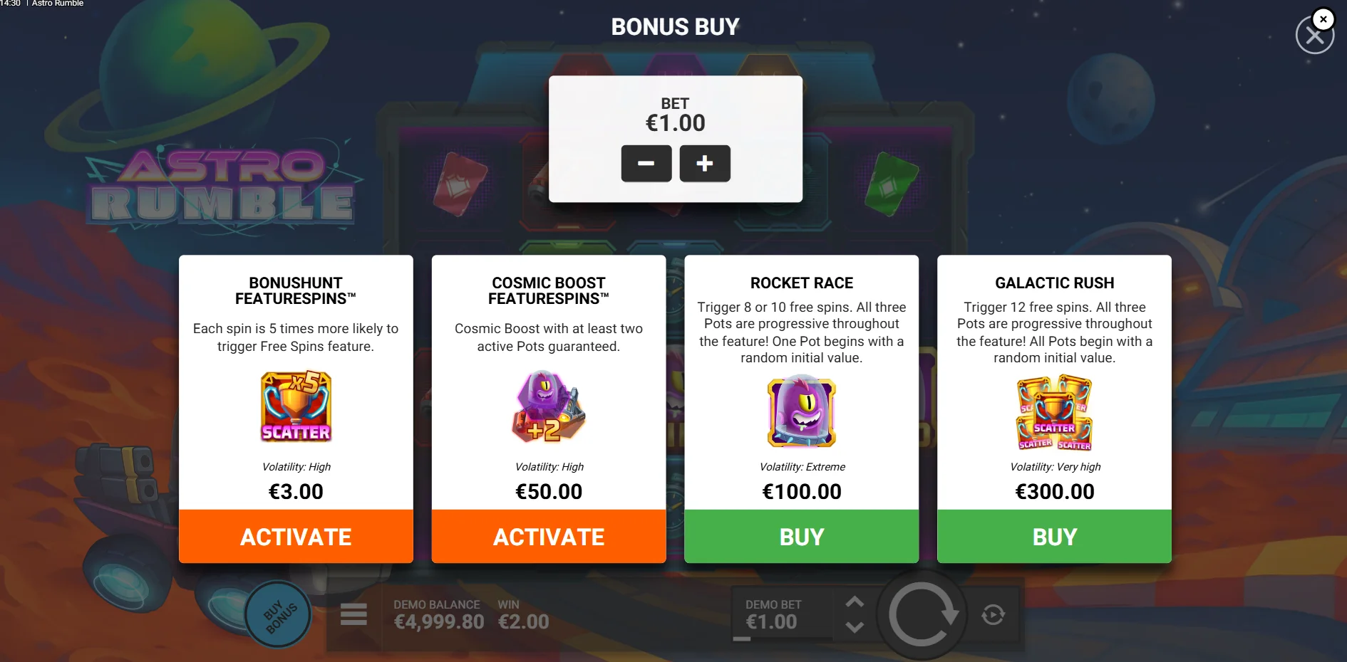 Astro Rumble Bonus Buy and Featurespins